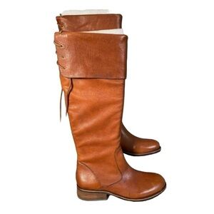 VINCE CAMUTO Fays Cognac Brown Leather Knee High Cuffed Flat heel boots